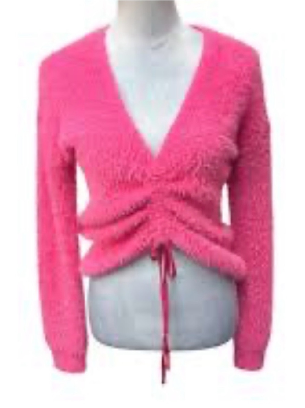 Planet Gold Women's Large Sweater Hot Pink Fuzzy eyelid V-Neck Drawstring